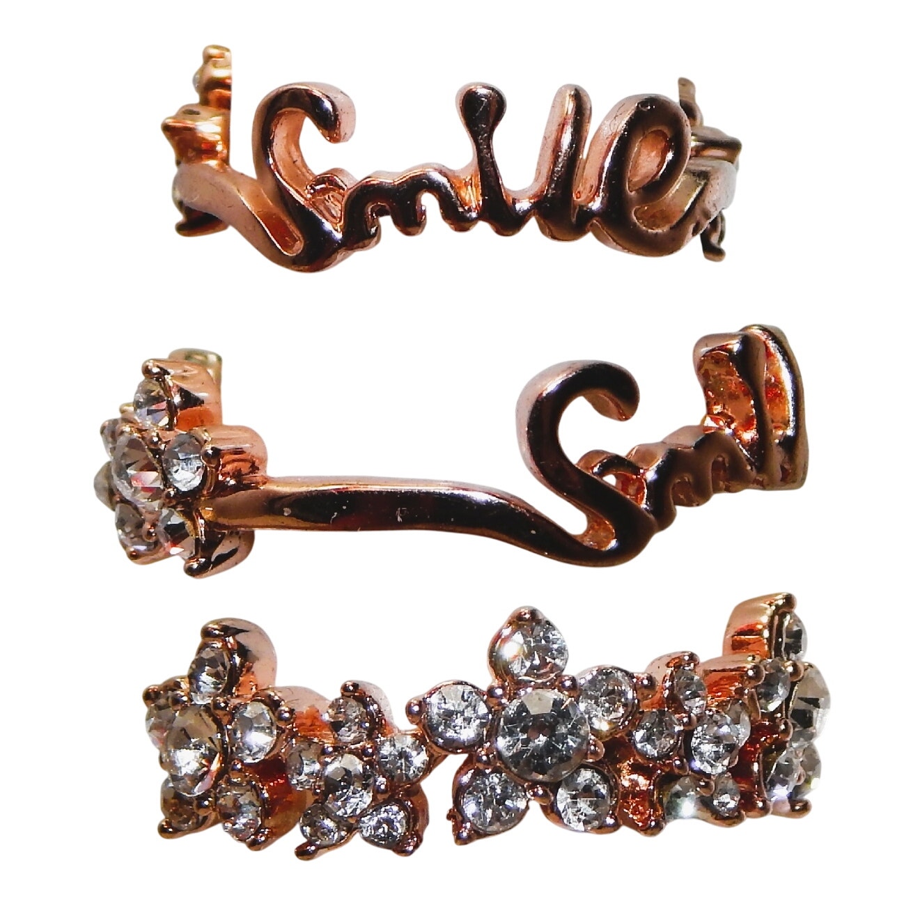 Sweet 2 In 1 Smile Rose Gold Rhinestone Cocktail Ring Size 9